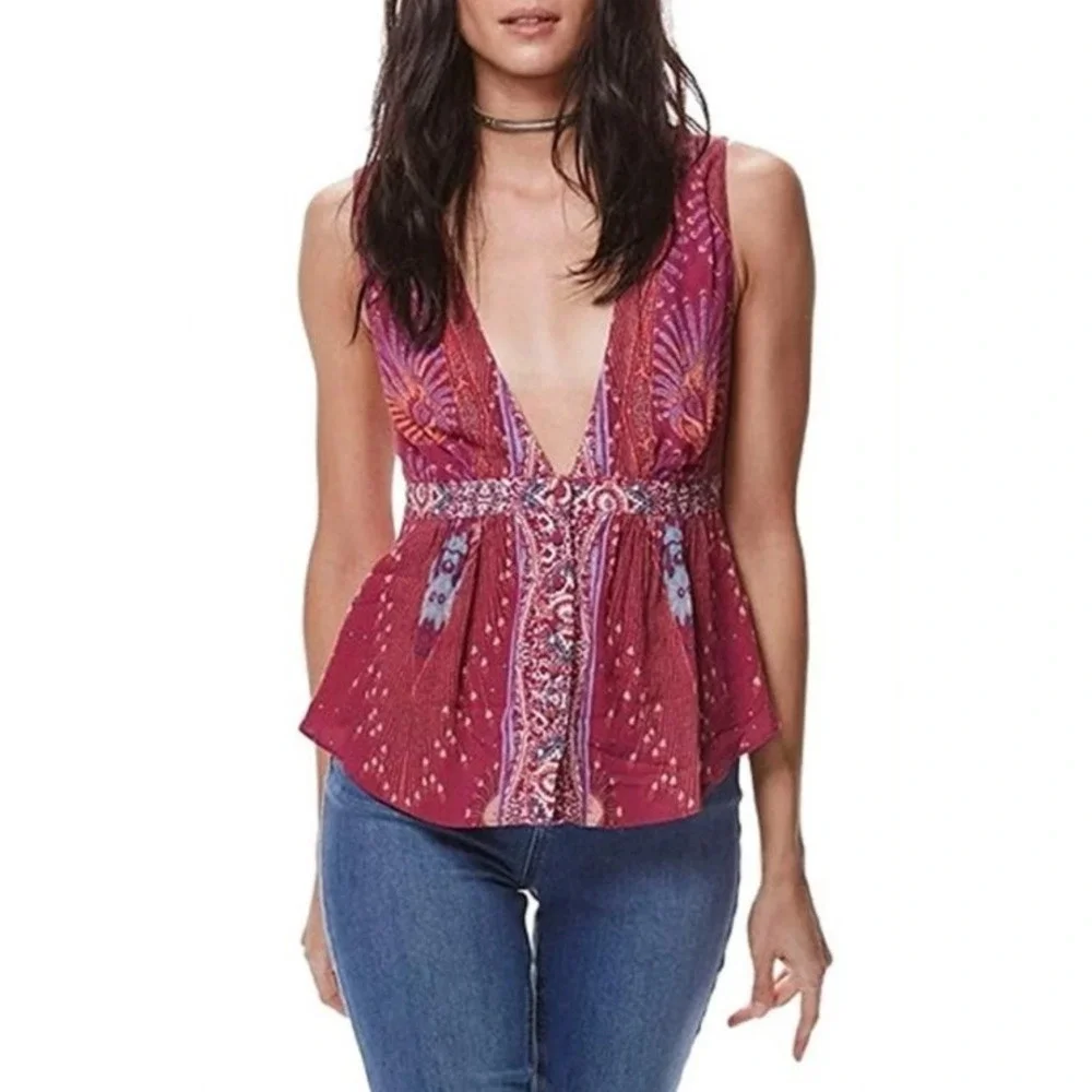 Free People Peplum Top Womens S Burgundy Paisley Sleeveless Boho V-Neck